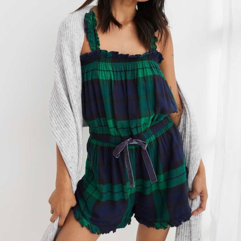 Aerie Navy & Green Flannel Plaid Romper